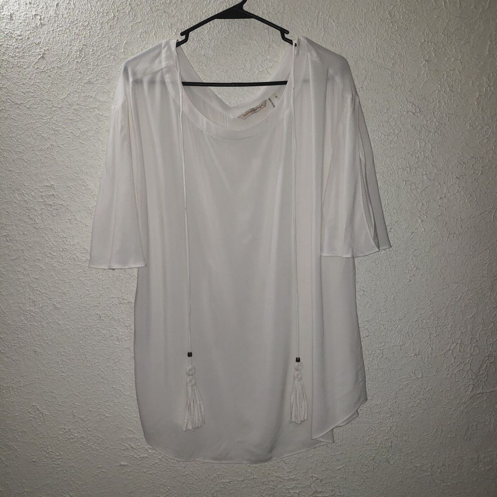 Soft Surroundings XL Pullover Tunic Cover Up Oversized Top Tassels White Rayon